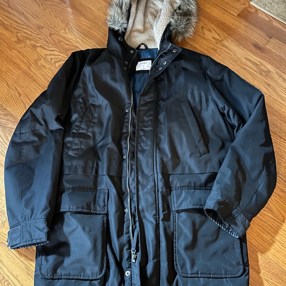 Men's Old Navy Black Hooded Parka Coat Fur Trim Hood Size Medium Good Condition